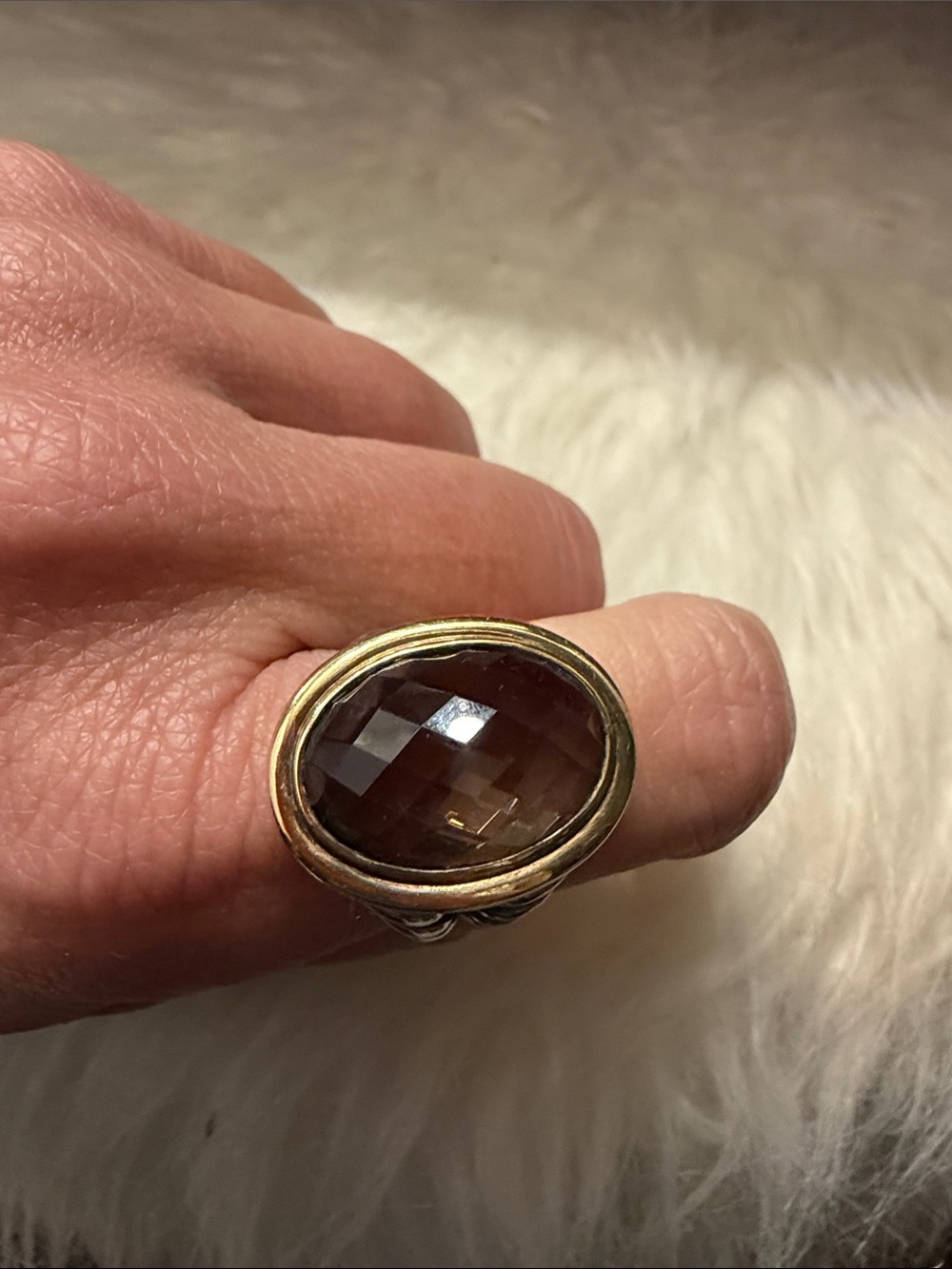 David Yurman Smoky Quartz Oval Albion Ring with Gold Bezel and Silver Band